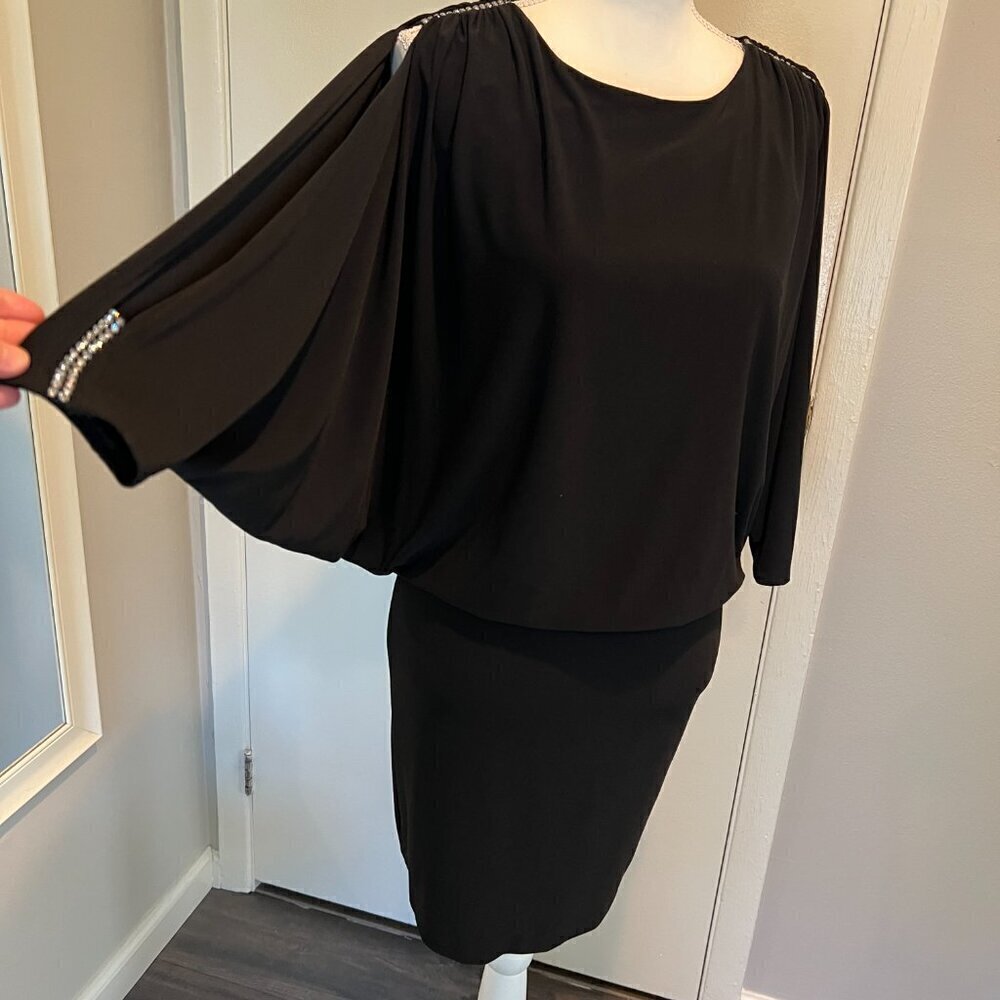 Frank Lyman Design Black Split sleeve Cocktail Dress w Rhinestones, Size 4